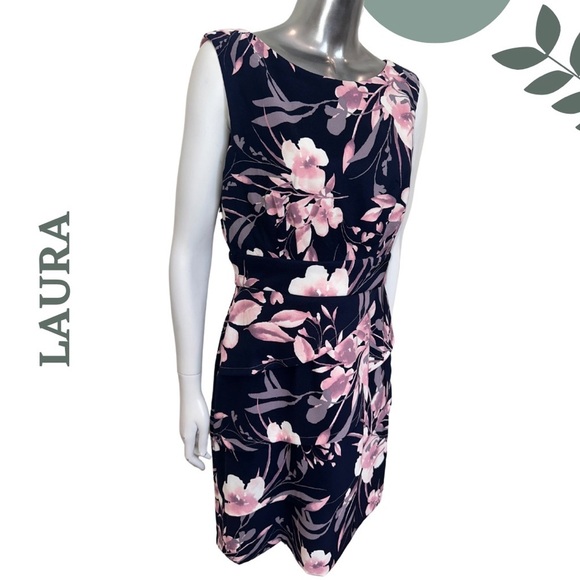 Laura Sleeveless Floral Print Dress Pink Navy Back Zipper Sheath Size 10 - Picture 2 of 6
